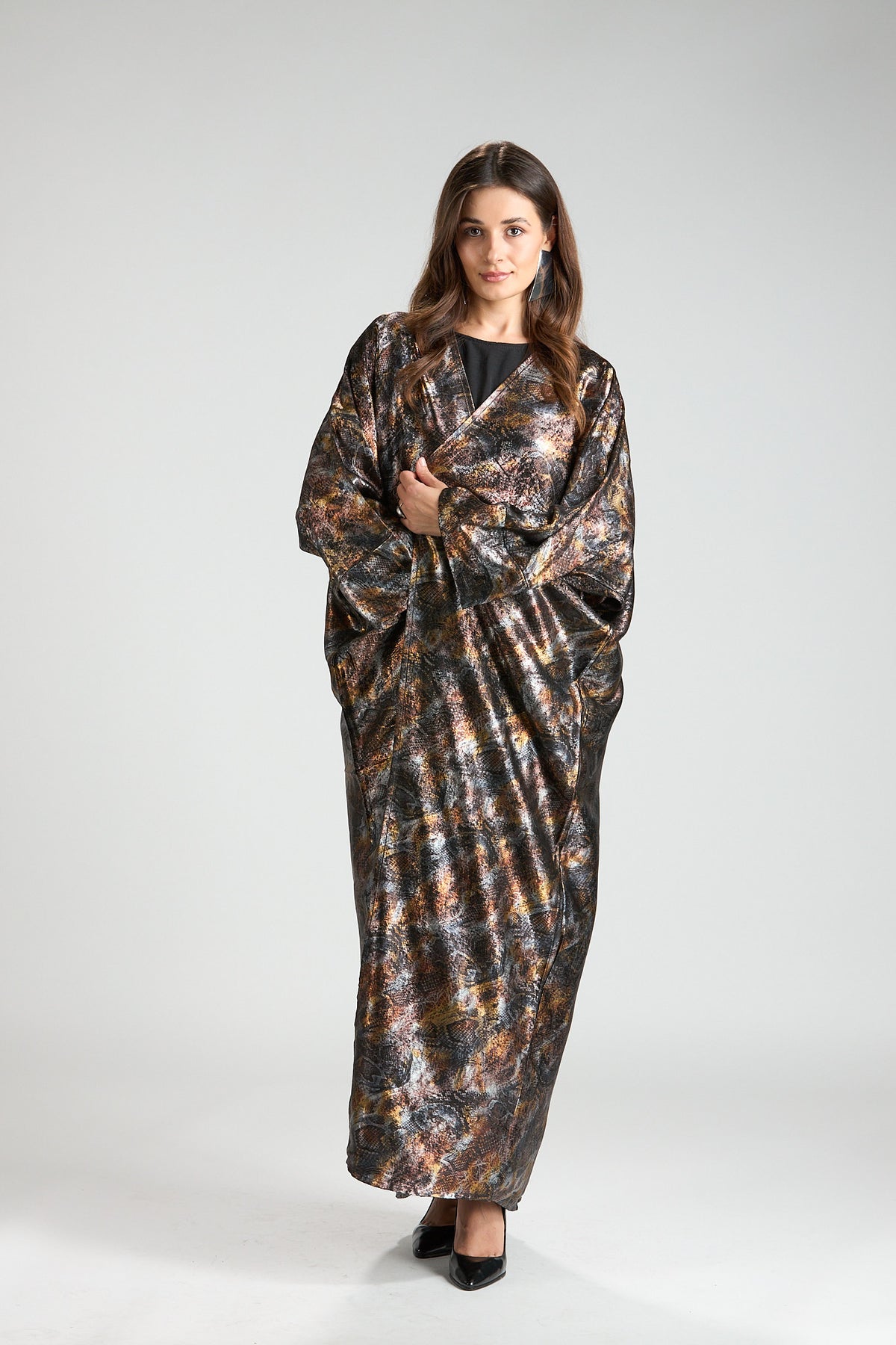 Brown Mirage Abstract Metallic 3-Piece Open Abaya with Inner Dress