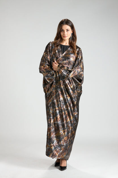 Brown Mirage Abstract Metallic 3-Piece Open Abaya with Inner Dress