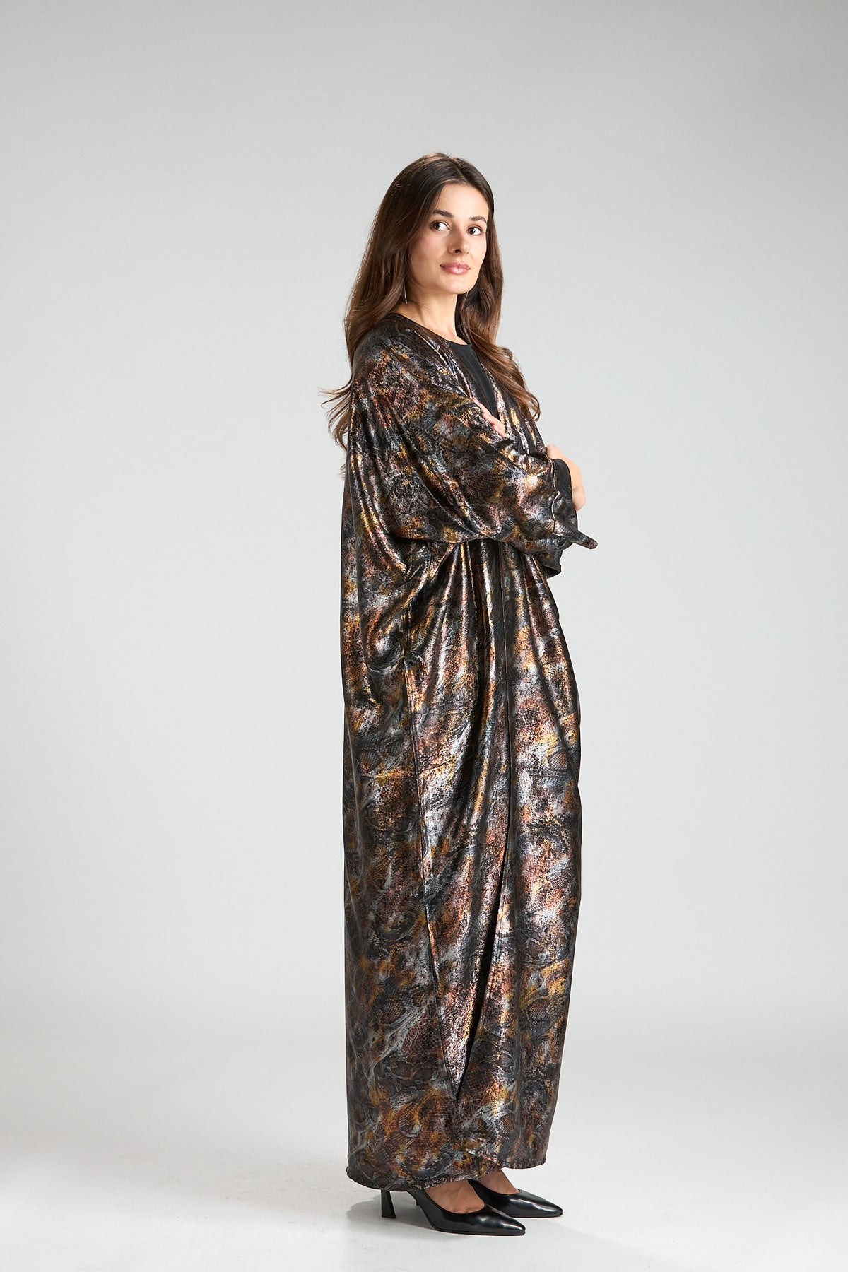 Brown Mirage Abstract Metallic 3-Piece Open Abaya with Inner Dress