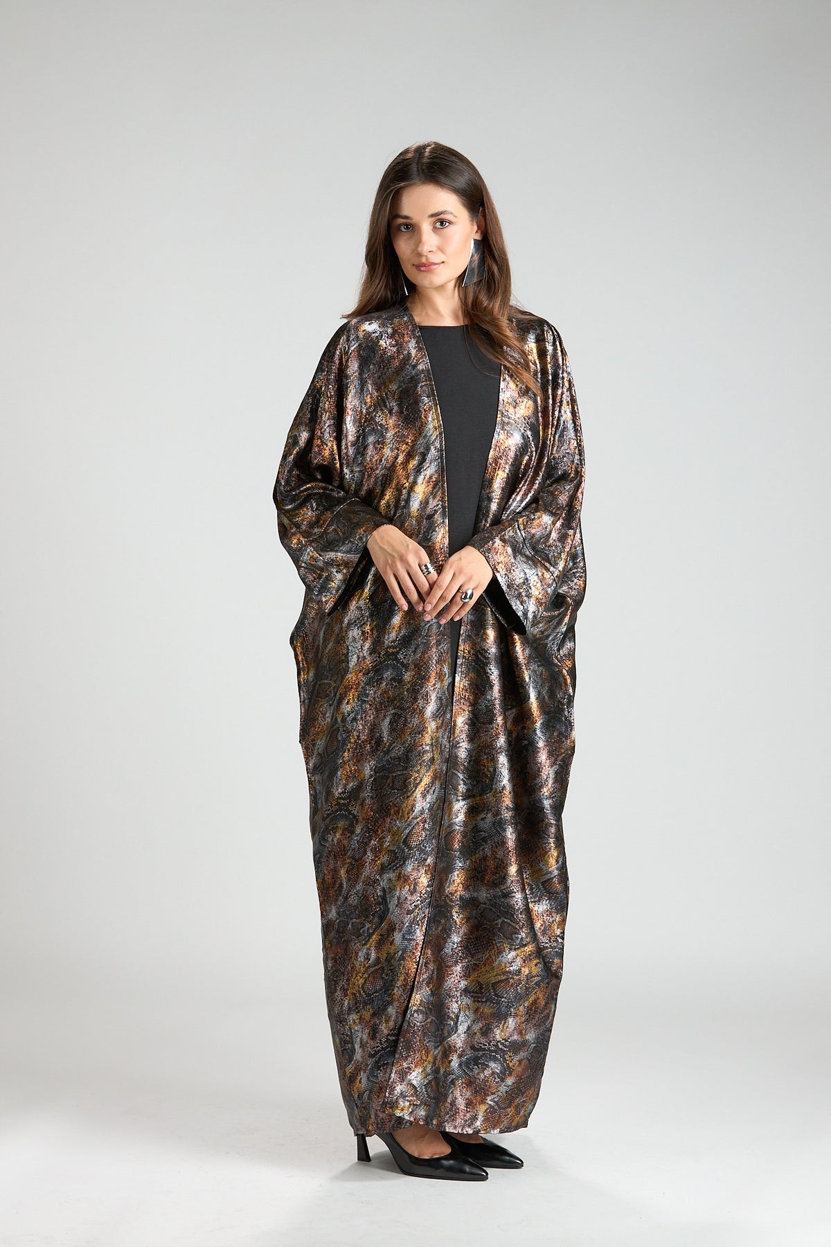 Brown Mirage Abstract Metallic 3-Piece Open Abaya with Inner Dress