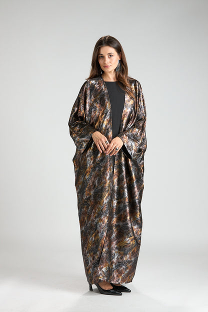 Brown Mirage Abstract Metallic 3-Piece Open Abaya with Inner Dress