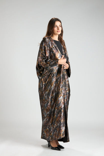 Brown Mirage Abstract Metallic 3-Piece Open Abaya with Inner Dress