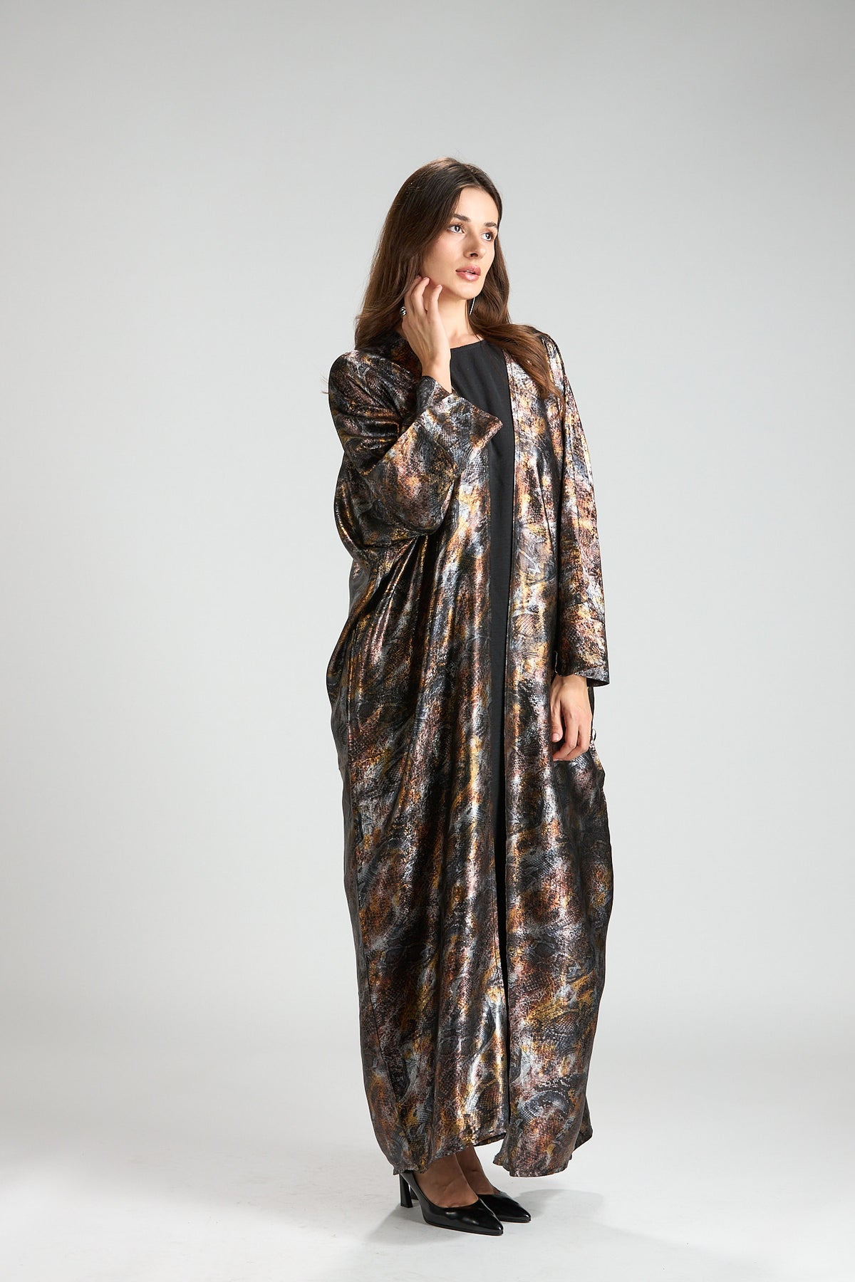 Brown Mirage Abstract Metallic 3-Piece Open Abaya with Inner Dress