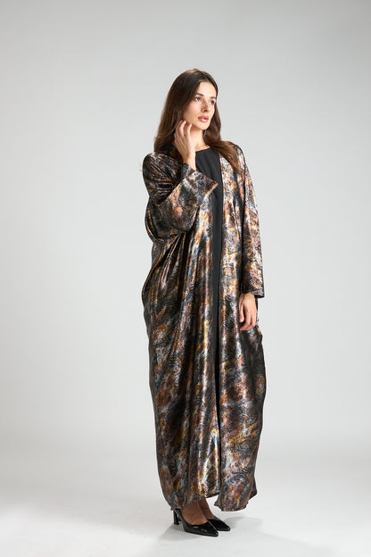 Brown Mirage Abstract Metallic 3-Piece Open Abaya with Inner Dress