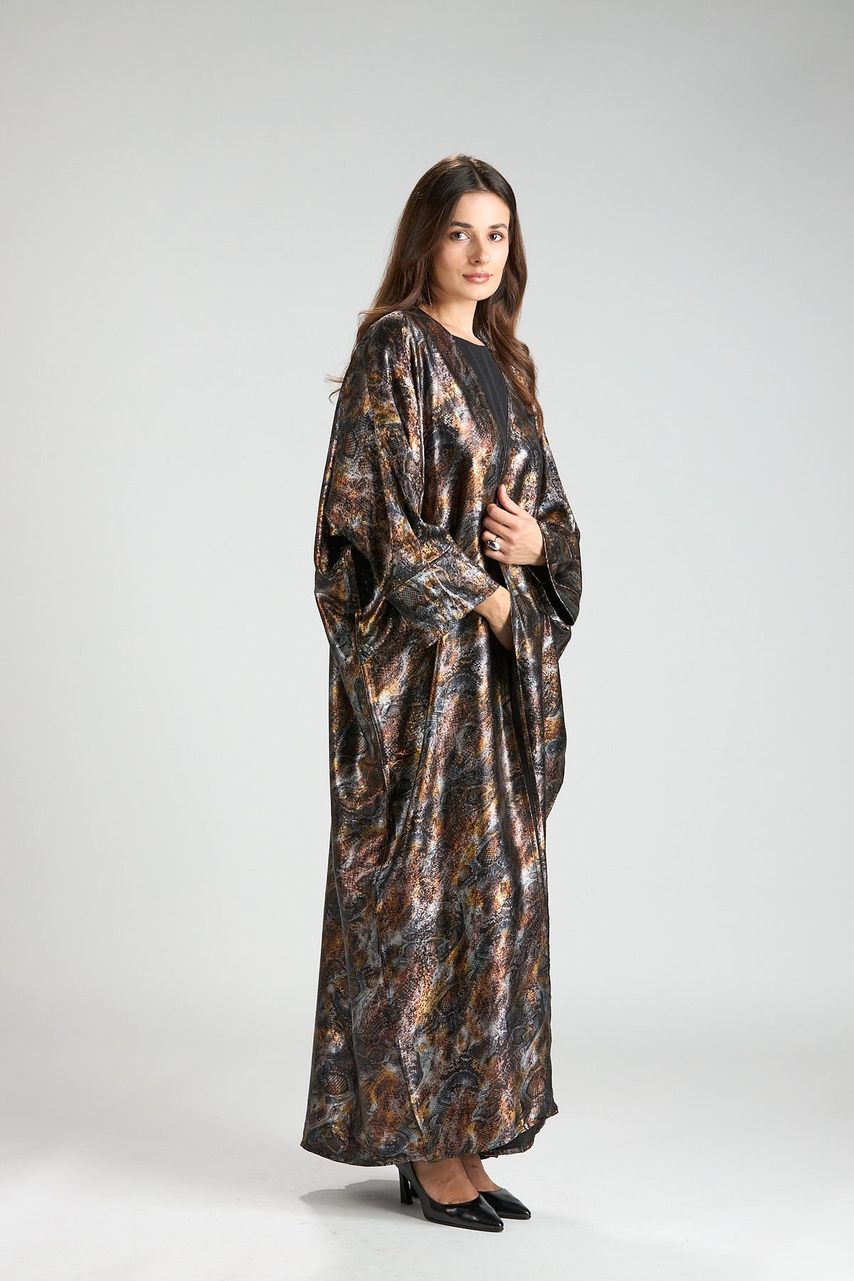 Brown Mirage Abstract Metallic 3-Piece Open Abaya with Inner Dress