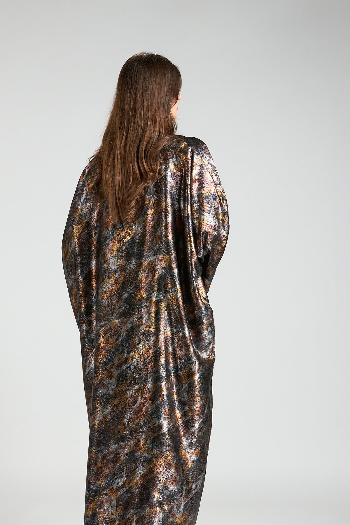 Brown Mirage Abstract Metallic 3-Piece Open Abaya with Inner Dress