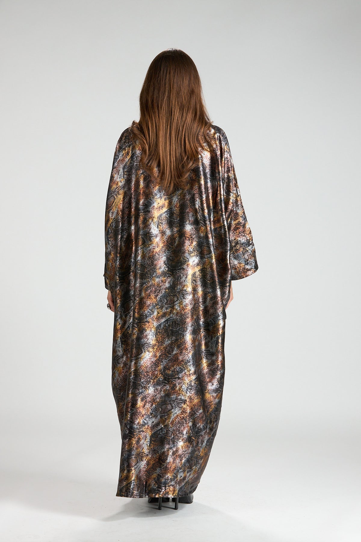 Brown Mirage Abstract Metallic 3-Piece Open Abaya with Inner Dress