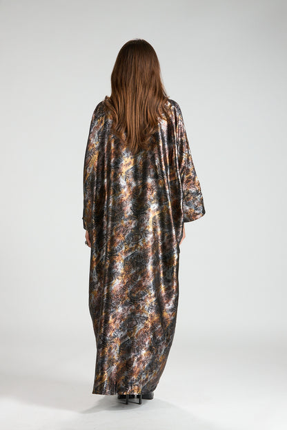 Brown Mirage Abstract Metallic 3-Piece Open Abaya with Inner Dress
