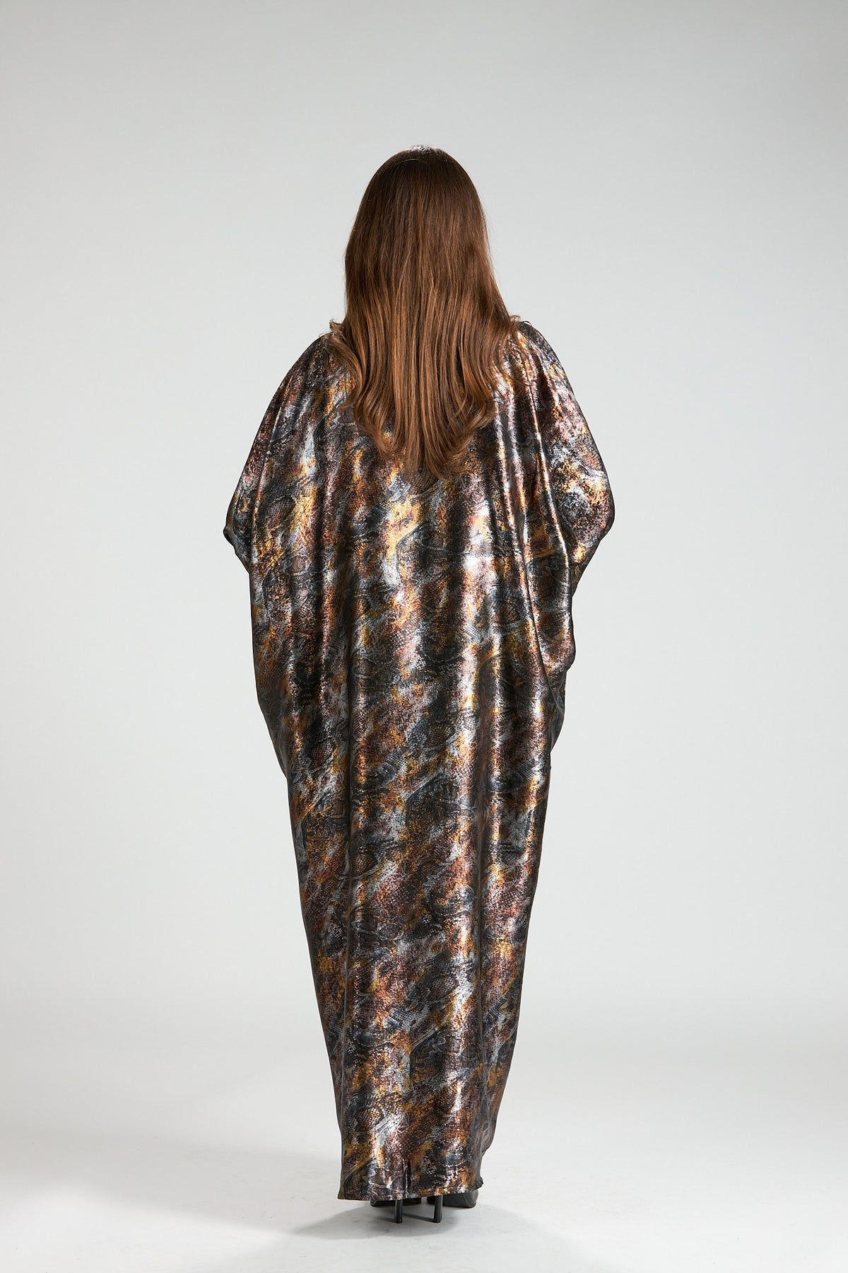 Brown Mirage Abstract Metallic 3-Piece Open Abaya with Inner Dress