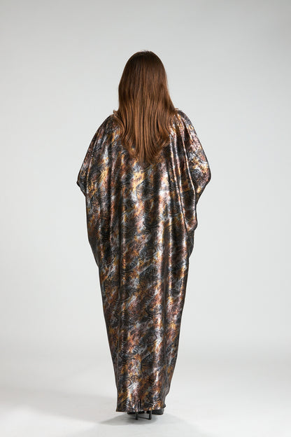 Brown Mirage Abstract Metallic 3-Piece Open Abaya with Inner Dress