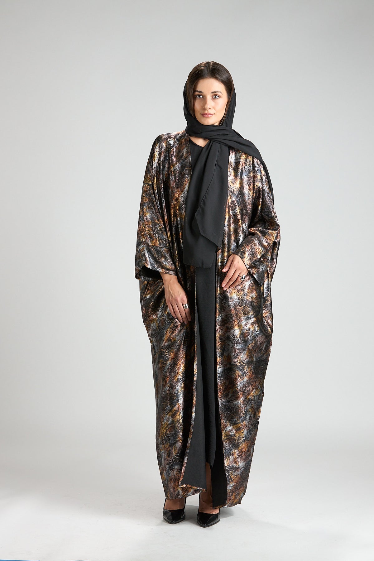 Brown Mirage Abstract Metallic 3-Piece Open Abaya with Inner Dress