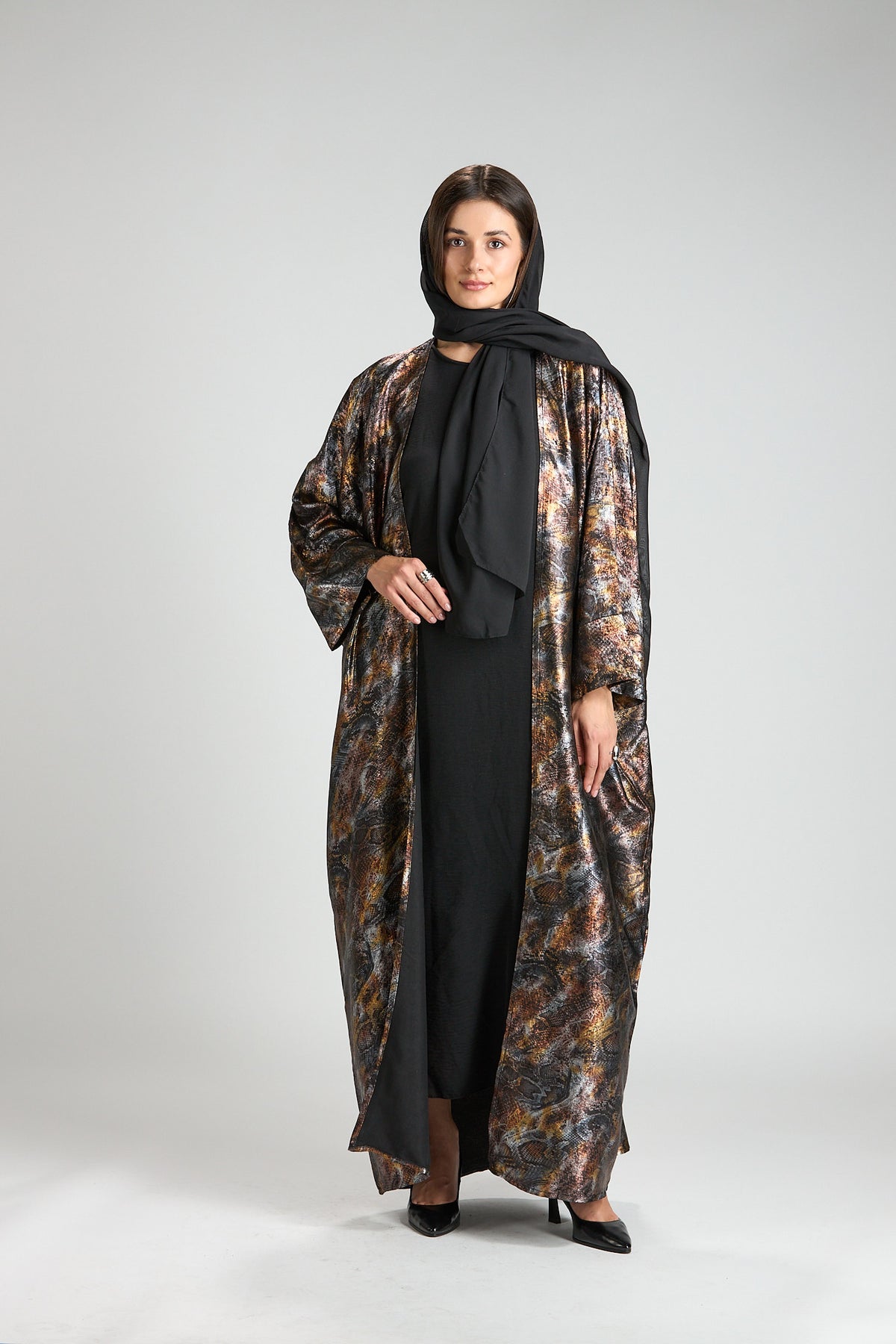 Brown Mirage Abstract Metallic 3-Piece Open Abaya with Inner Dress