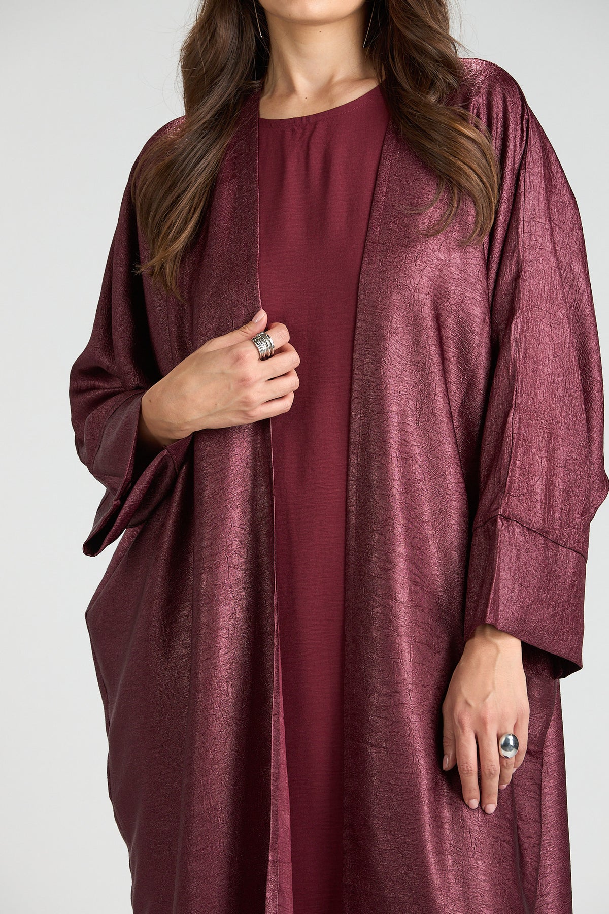 Burgundy Metallic 3-Piece Open Abaya with Inner Dress