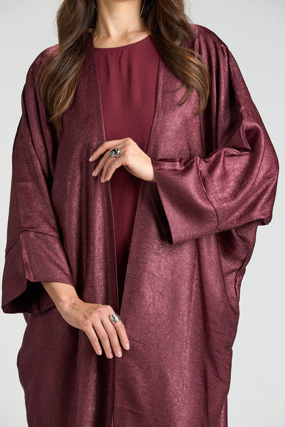 Burgundy Metallic 3-Piece Open Abaya with Inner Dress