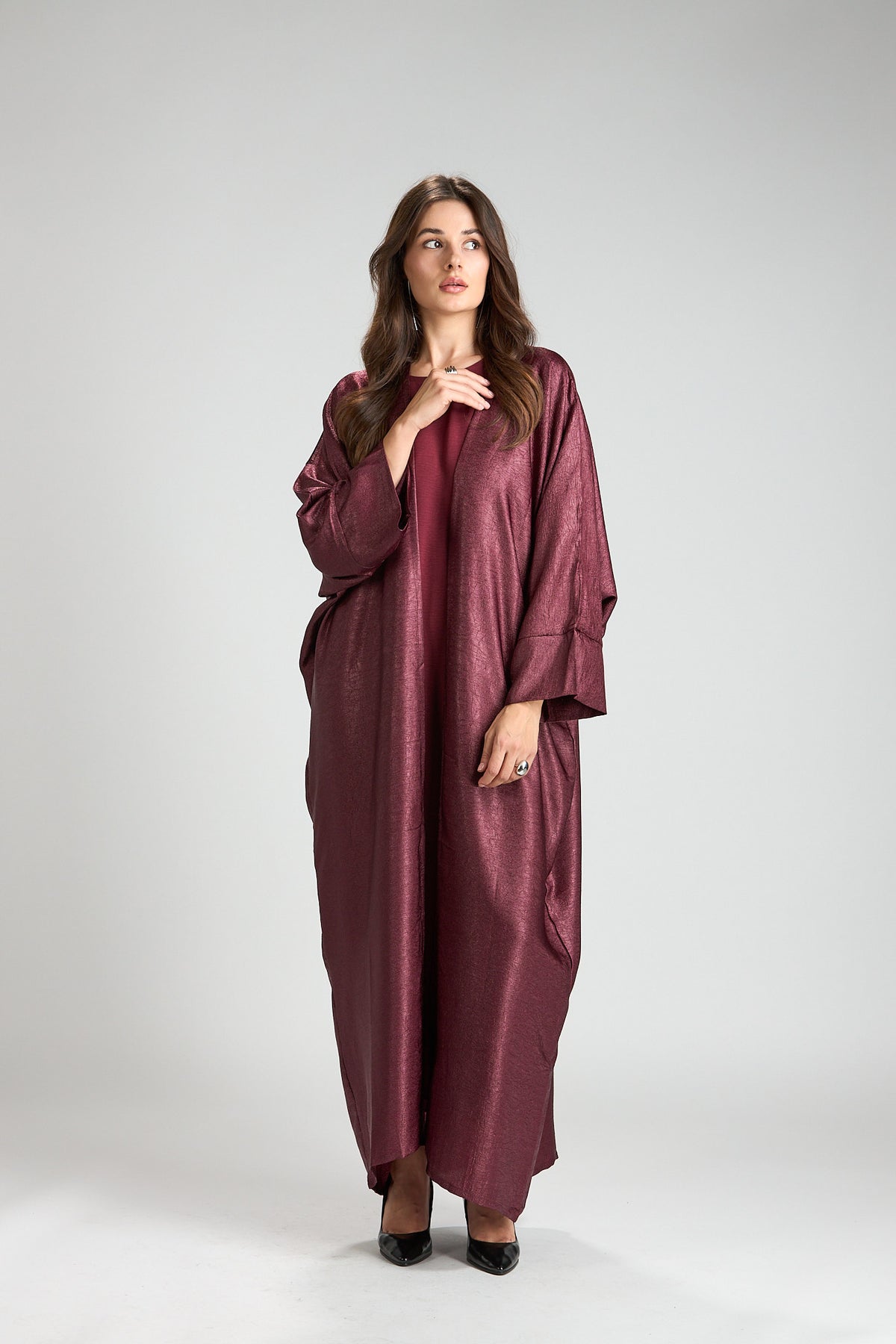 Burgundy Metallic 3-Piece Open Abaya with Inner Dress