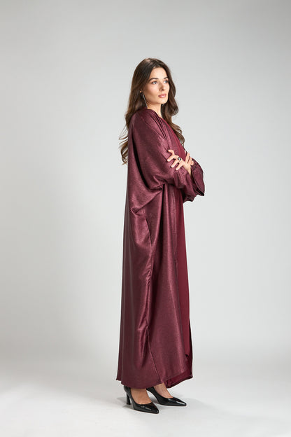 Burgundy Metallic 3-Piece Open Abaya with Inner Dress