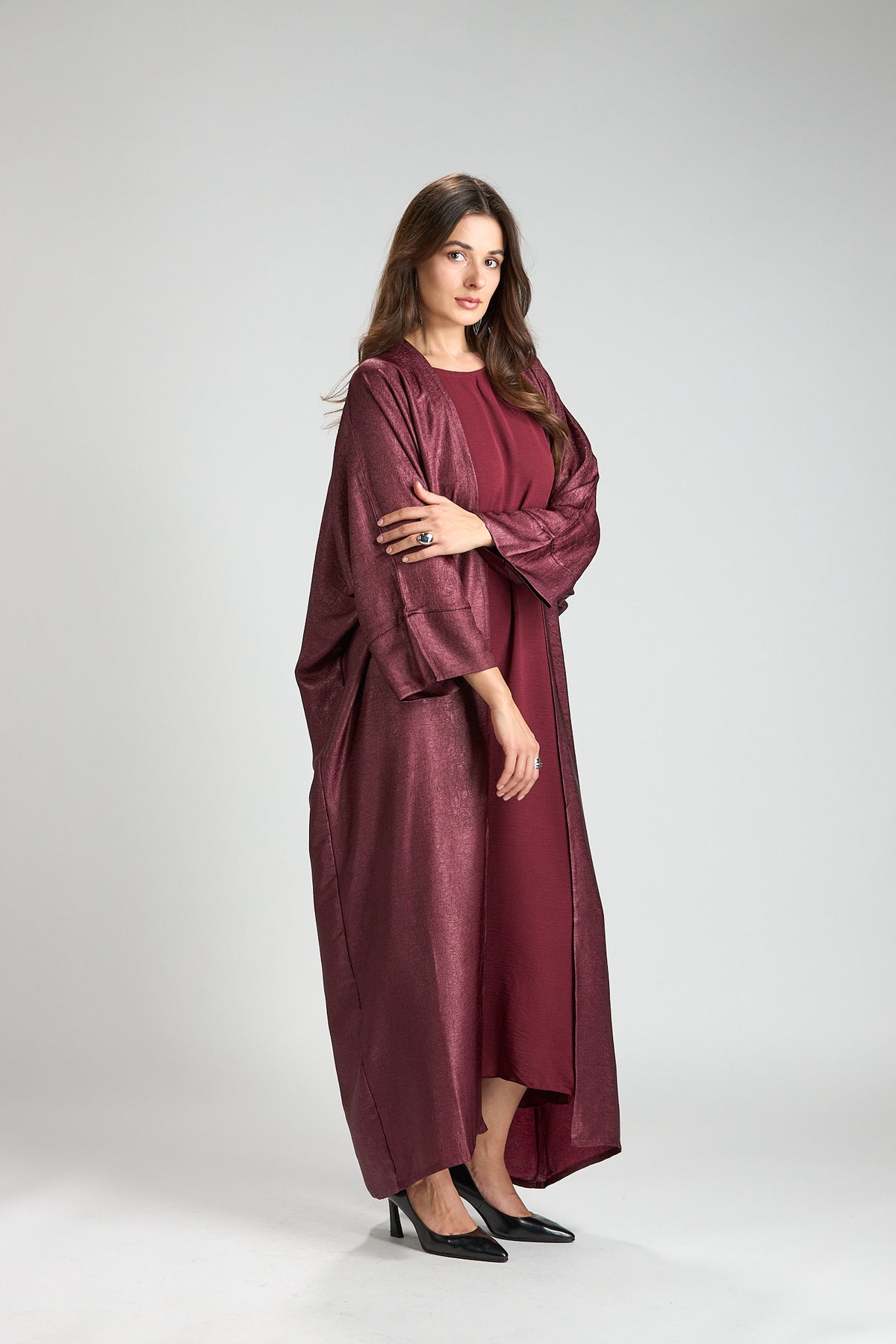 Burgundy Metallic 3-Piece Open Abaya with Inner Dress