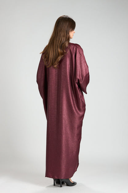 Burgundy Metallic 3-Piece Open Abaya with Inner Dress