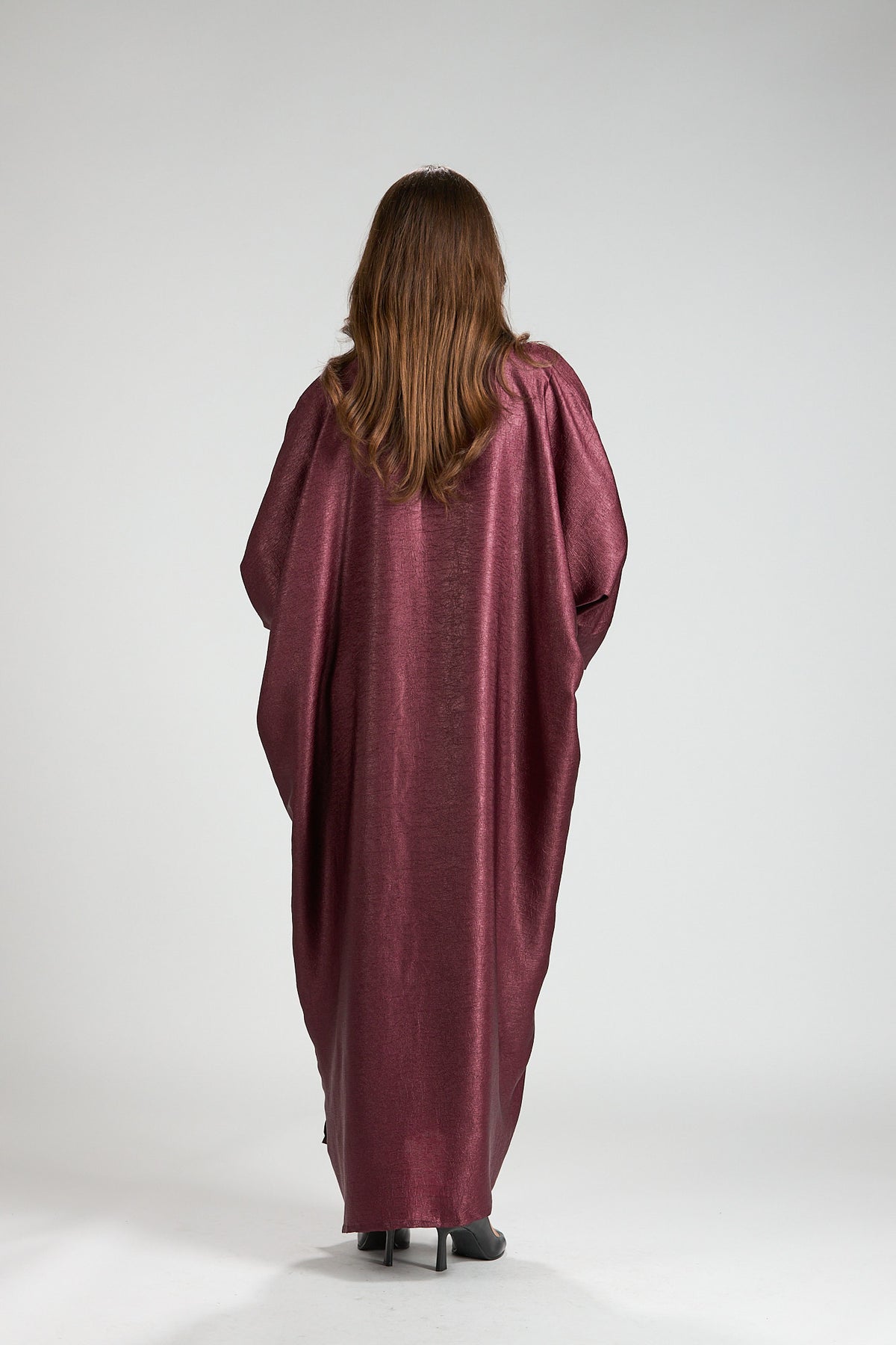 Burgundy Metallic 3-Piece Open Abaya with Inner Dress