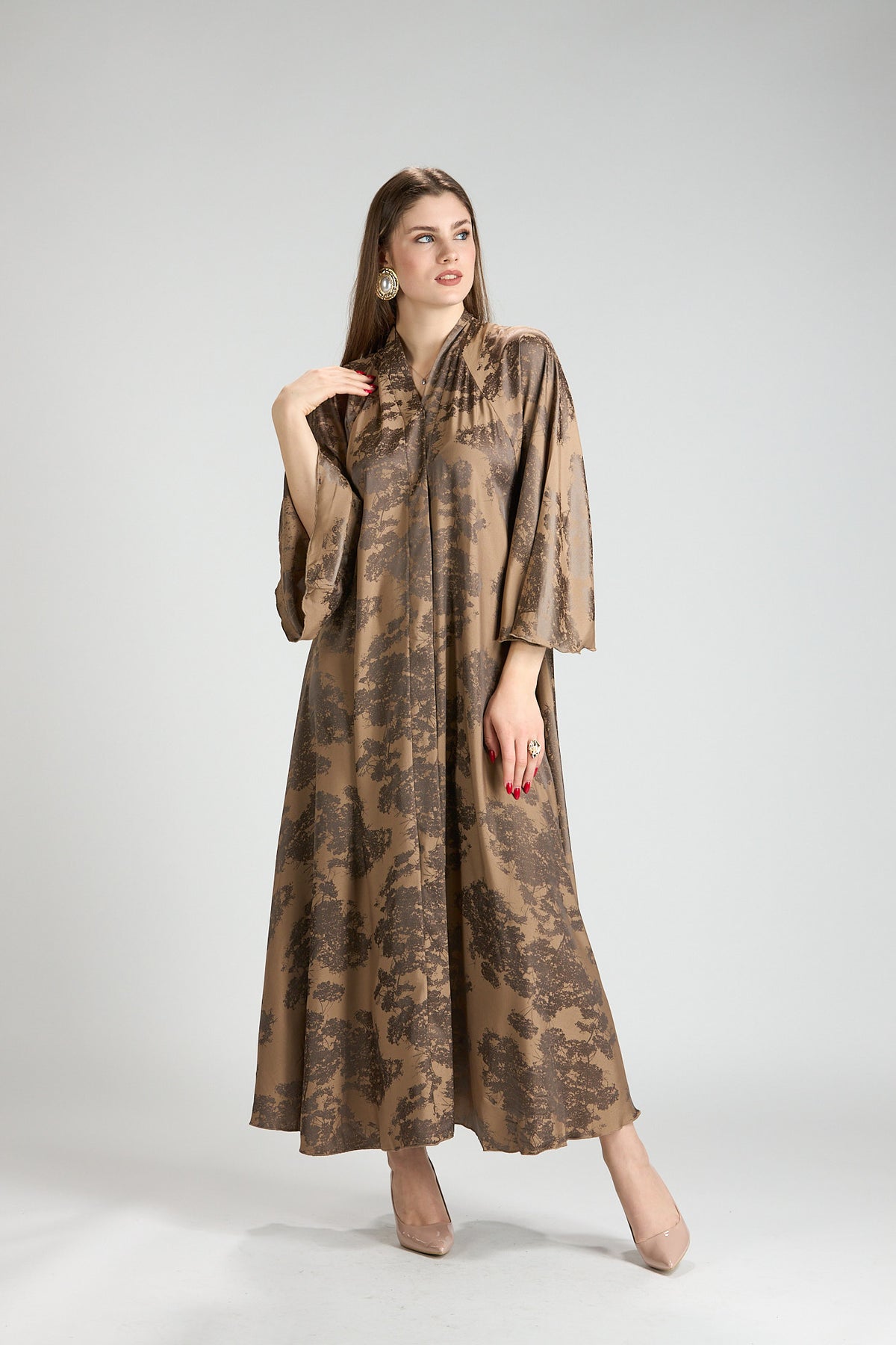 Reem Brown Floral Print Satin Abaya