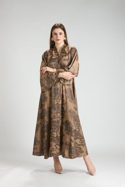 Reem Brown Floral Print Satin Abaya