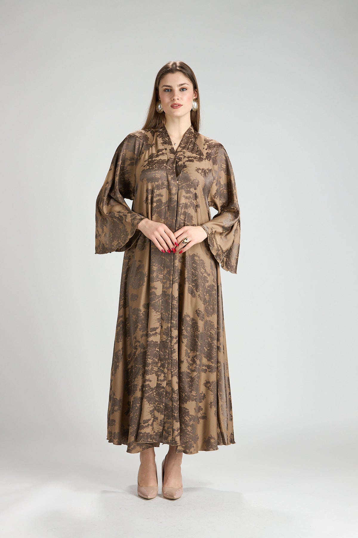 Reem Brown Floral Print Satin Abaya