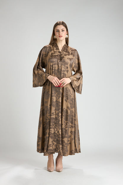 Reem Brown Floral Print Satin Abaya