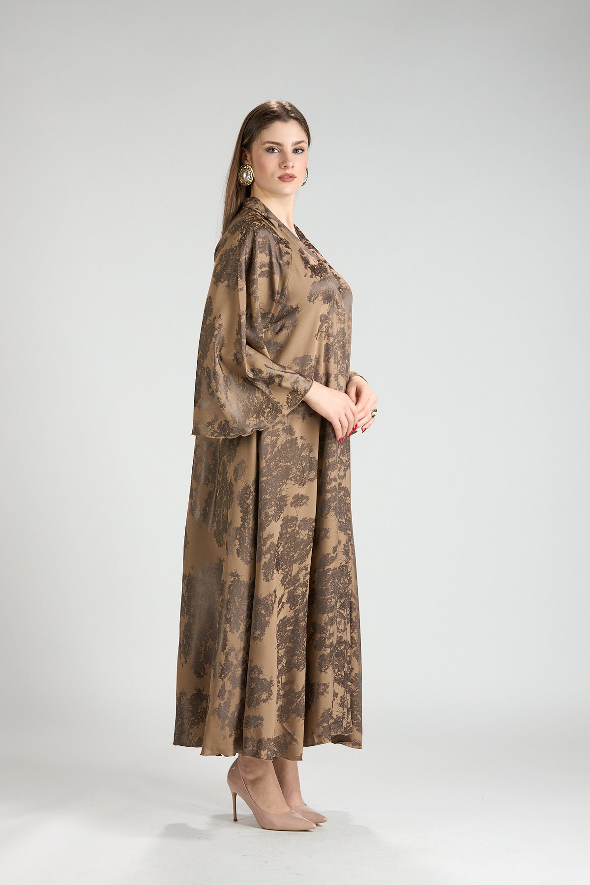 Reem Brown Floral Print Satin Abaya