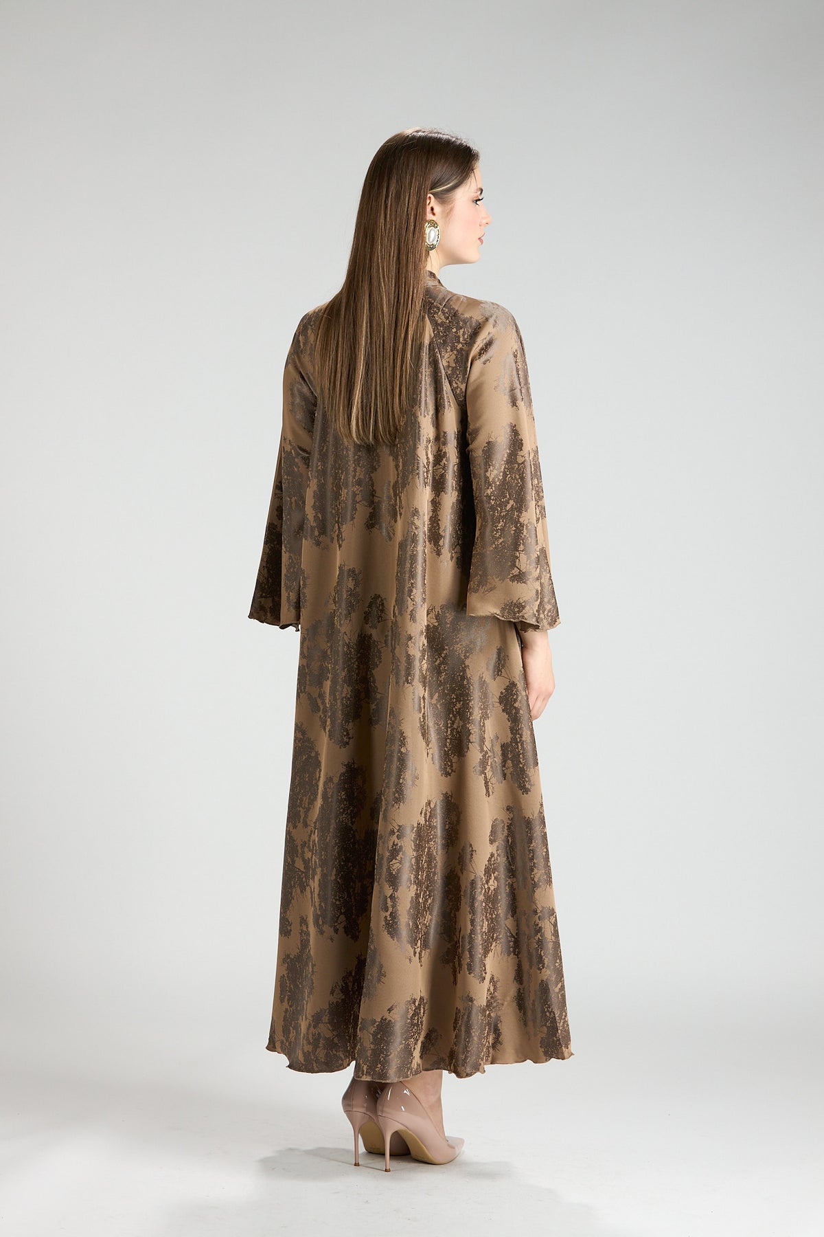 Reem Brown Floral Print Satin Abaya