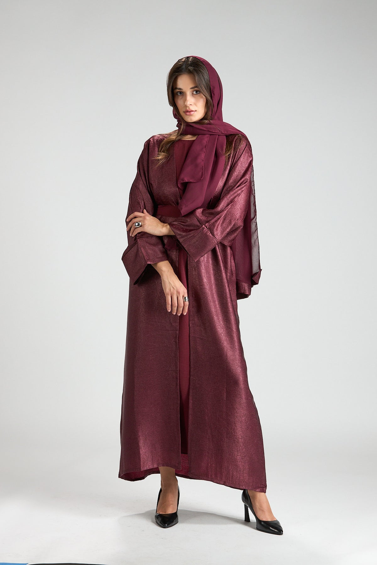 Burgundy Metallic 3-Piece Open Abaya with Inner Dress