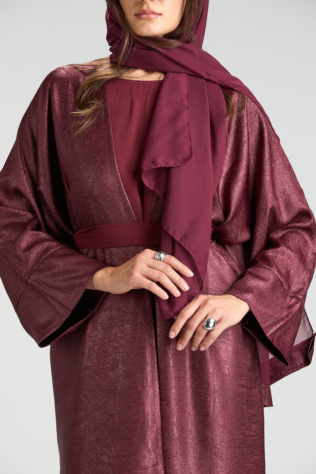 Burgundy Metallic 3-Piece Open Abaya with Inner Dress