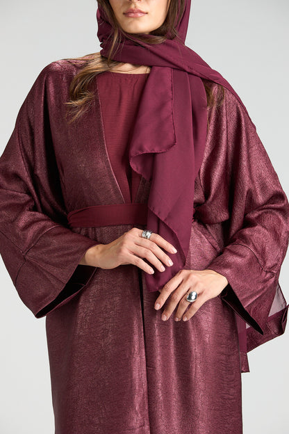 Burgundy Metallic 3-Piece Open Abaya with Inner Dress