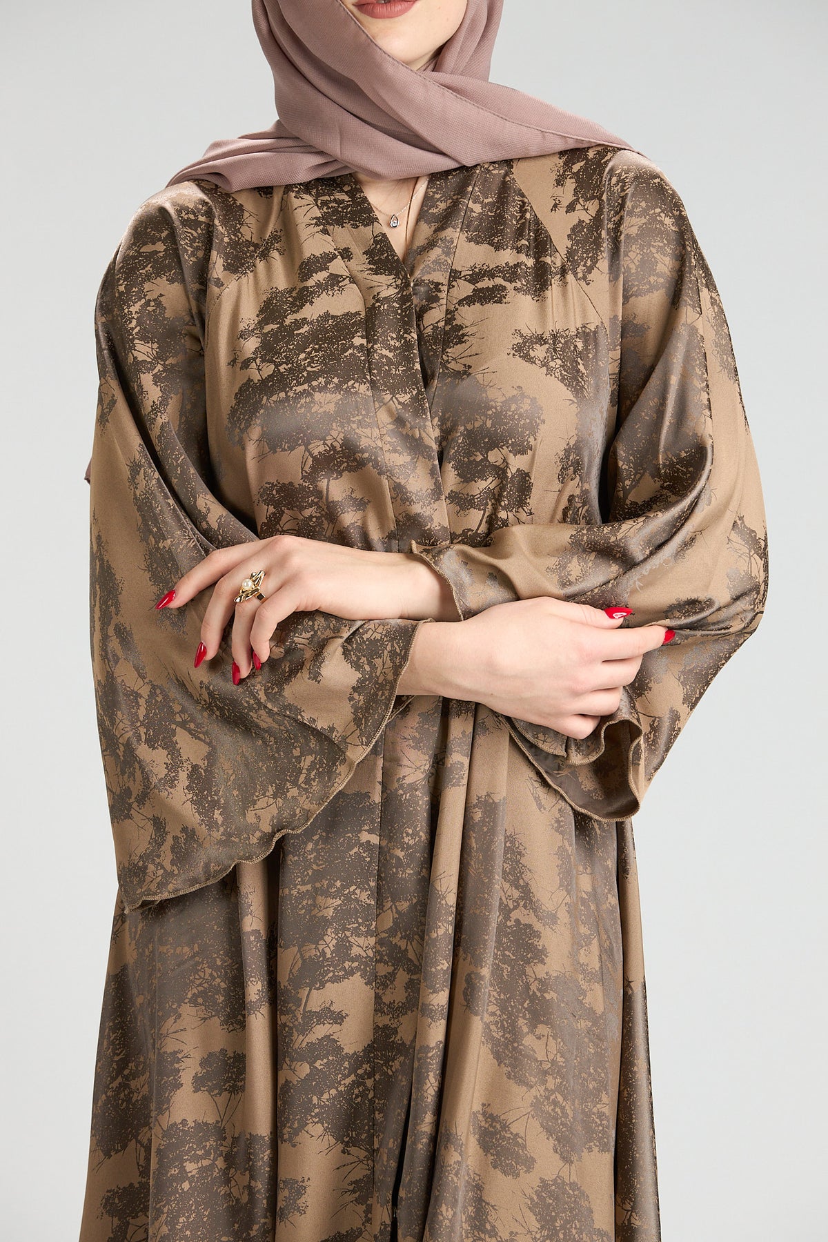 Reem Brown Floral Print Satin Abaya