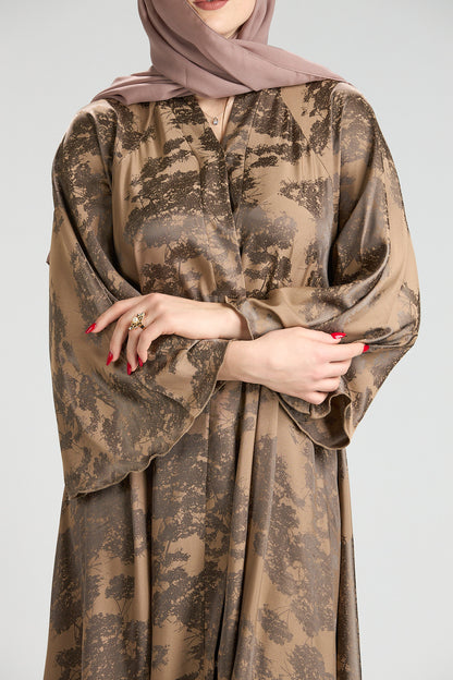 Reem Brown Floral Print Satin Abaya