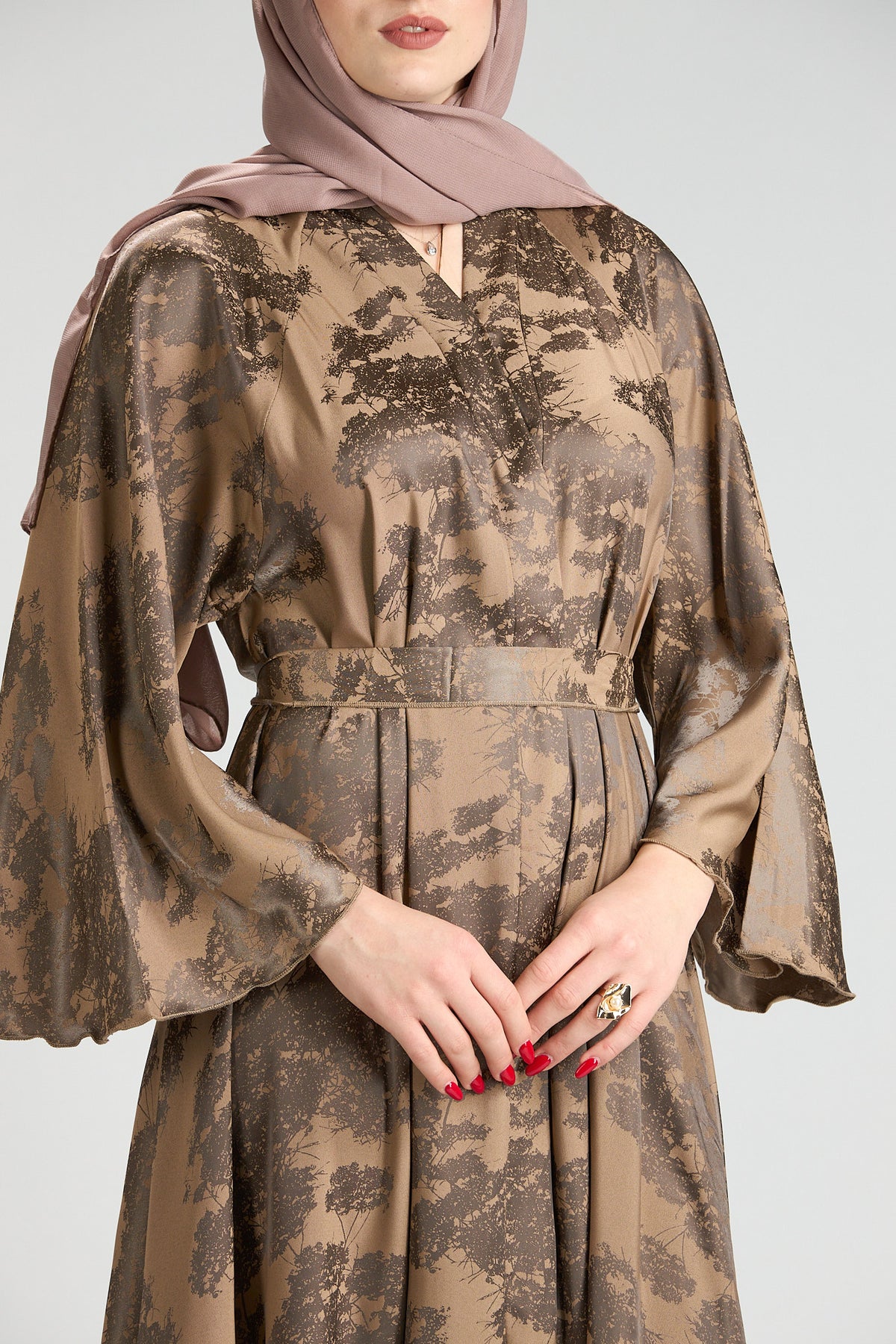 Reem Brown Floral Print Satin Abaya