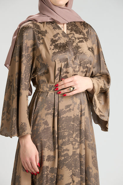 Reem Brown Floral Print Satin Abaya