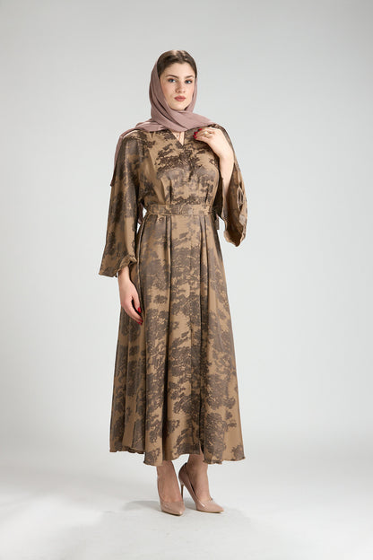 Reem Brown Floral Print Satin Abaya
