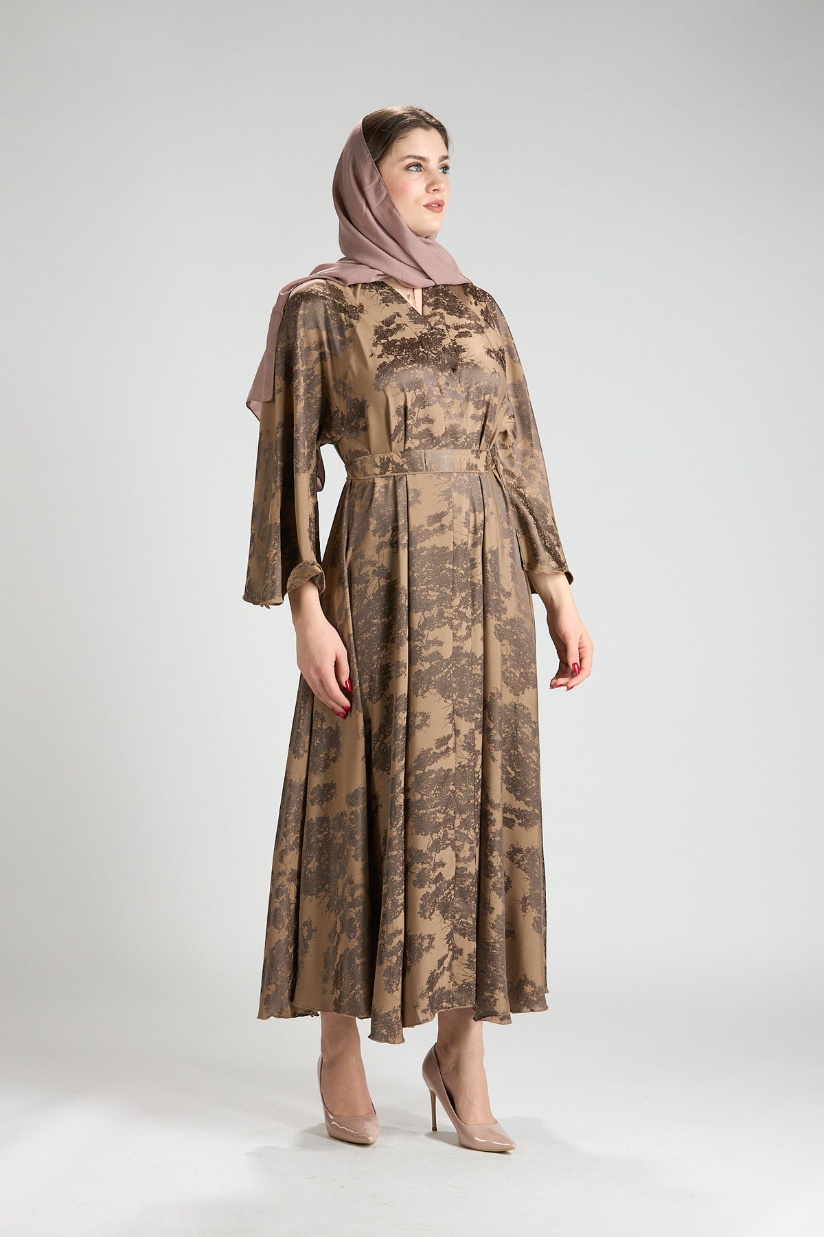 Reem Brown Floral Print Satin Abaya