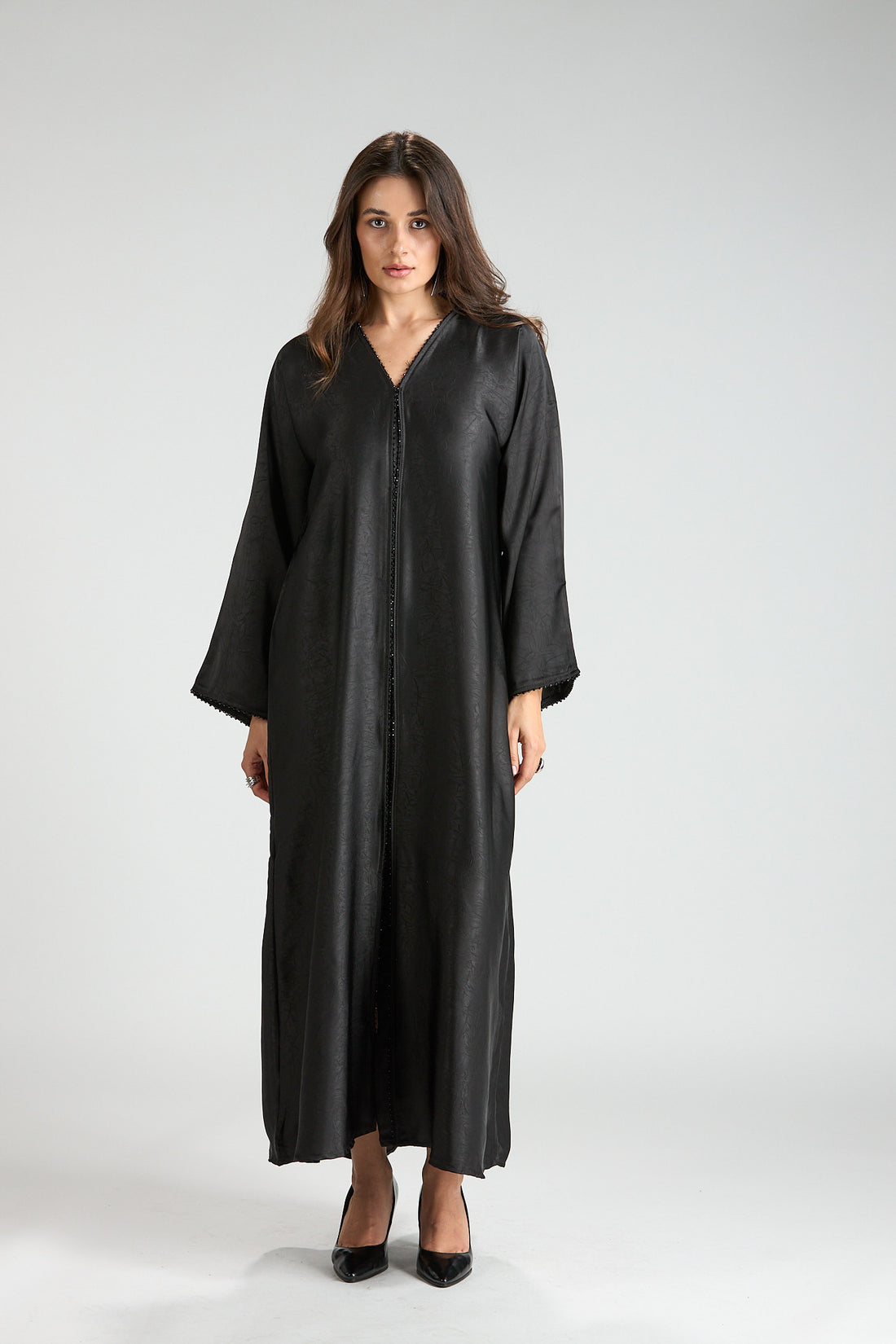 Farah Black Textured Sheen 2-Piece Abaya with Hijab