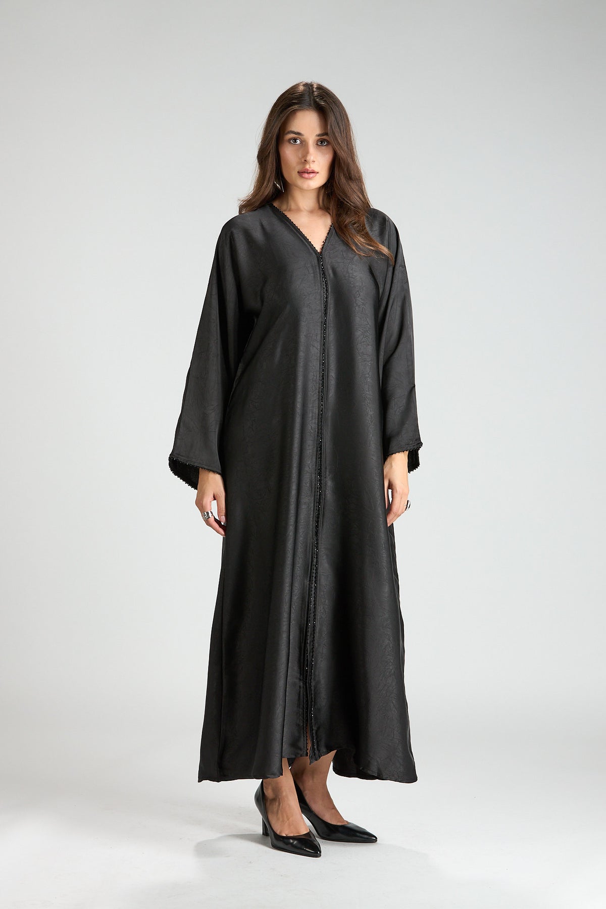 Farah Black Textured Sheen 2-Piece Abaya with Hijab