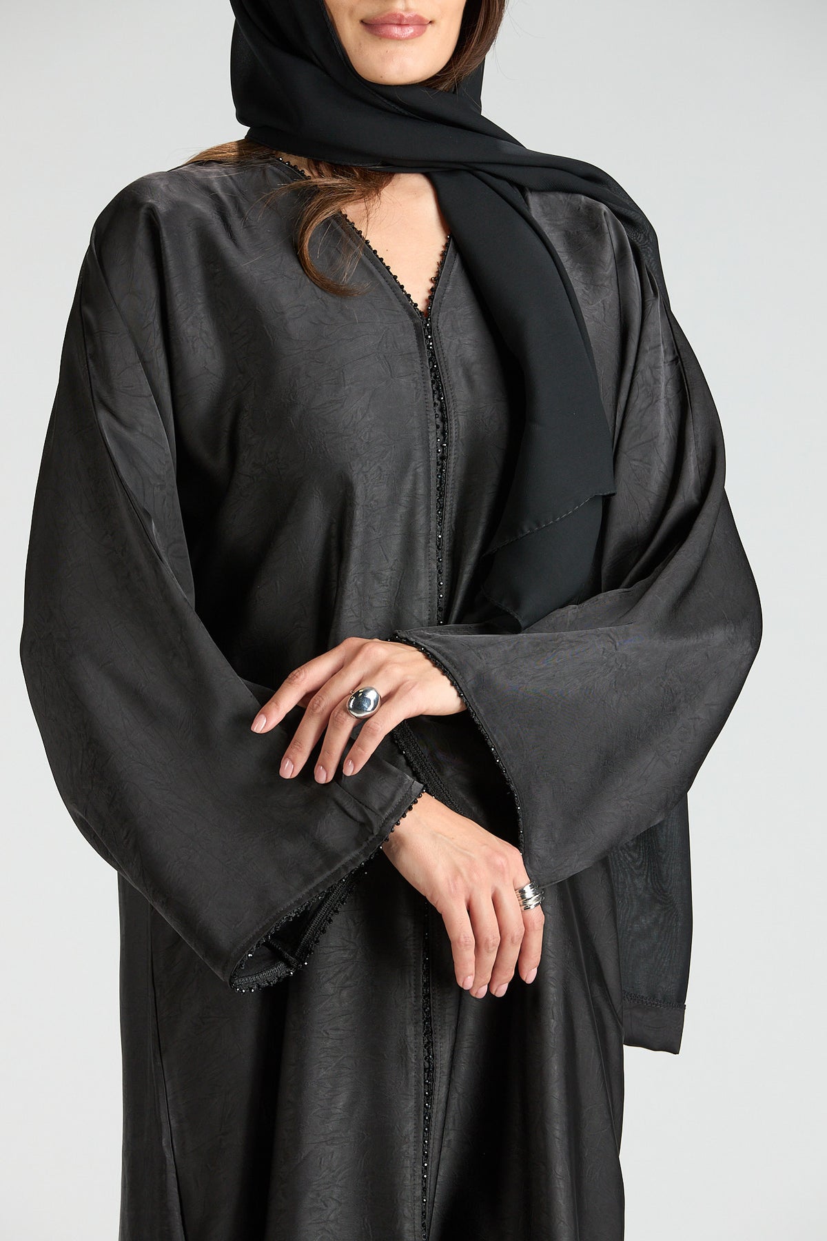 Farah Black Textured Sheen 2-Piece Abaya with Hijab