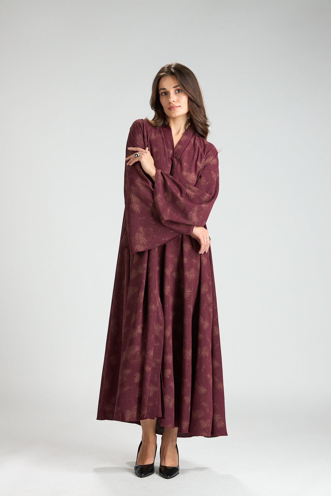Serenity Burgundy Botanical Print Abaya with Sheila