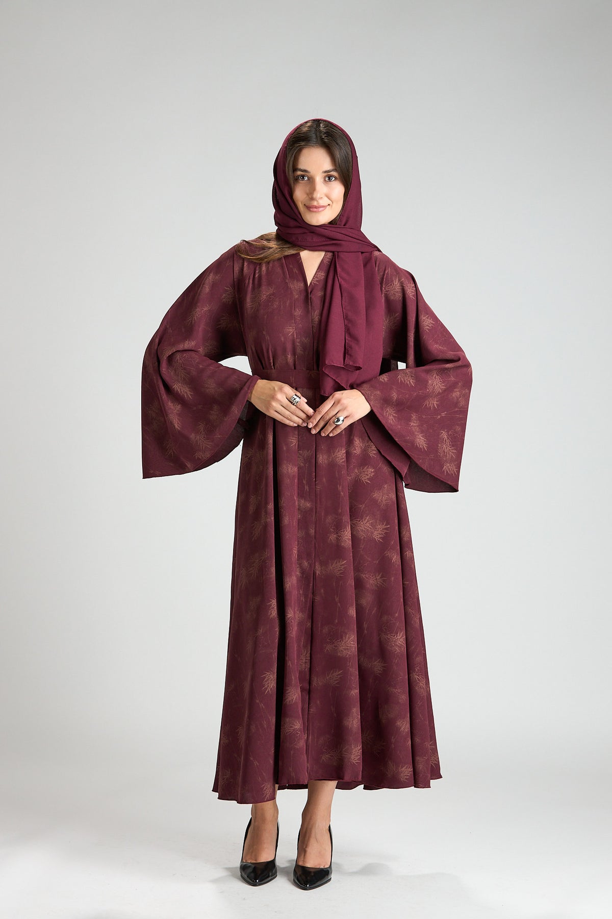 Serenity Burgundy Botanical Print Abaya with Sheila