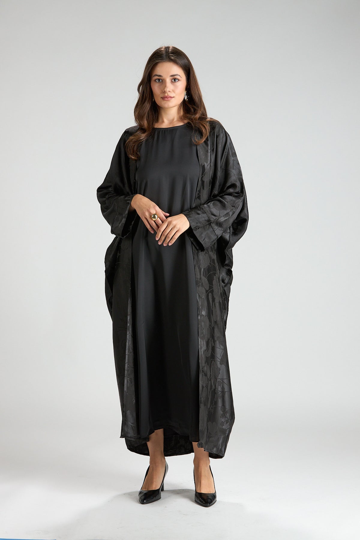 Ayla Black Jacquard 3-Piece Open Abaya with Sheer Overlay