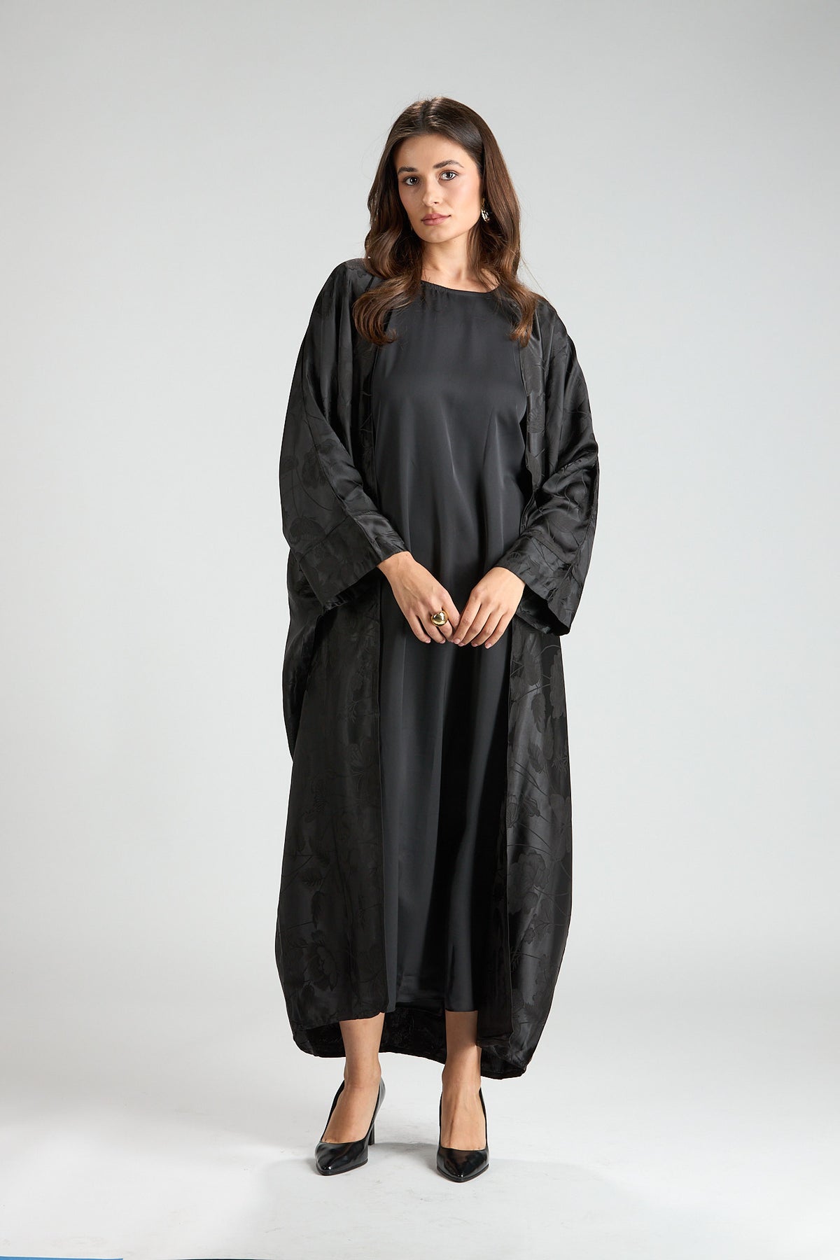 Ayla Black Jacquard 3-Piece Open Abaya with Sheer Overlay
