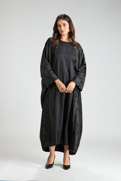 Ayla Black Jacquard 3-Piece Open Abaya with Sheer Overlay
