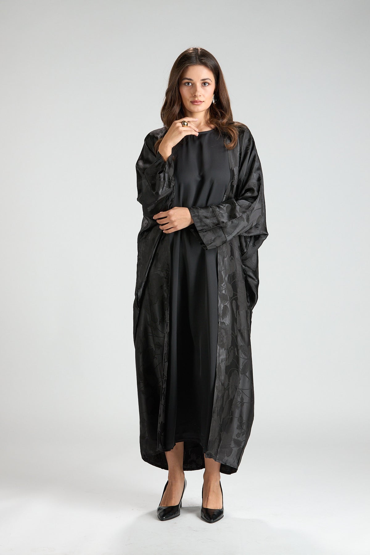 Ayla Black Jacquard 3-Piece Open Abaya with Sheer Overlay