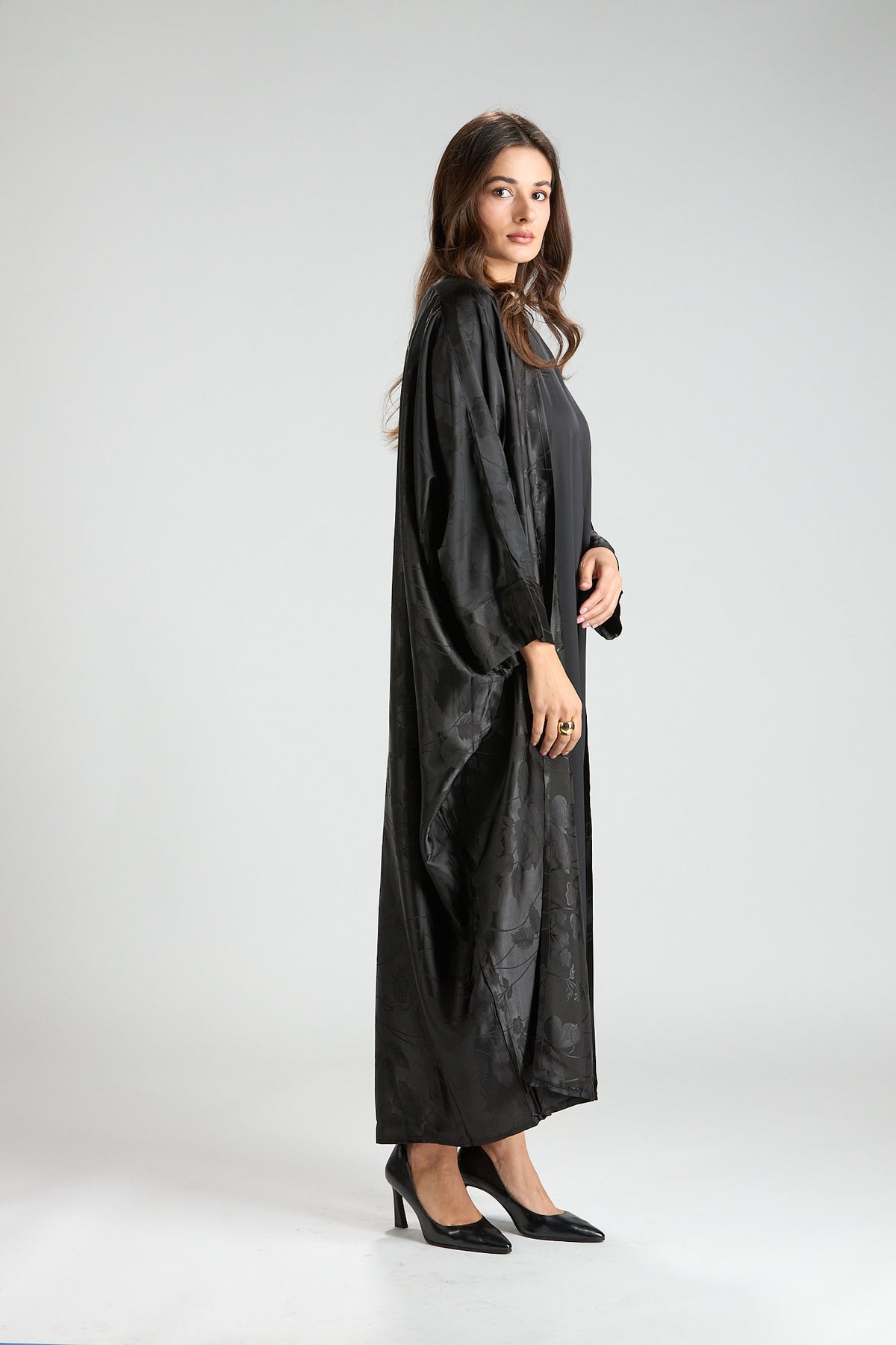 Ayla Black Jacquard 3-Piece Open Abaya with Sheer Overlay