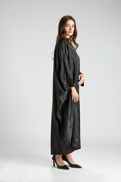 Ayla Black Jacquard 3-Piece Open Abaya with Sheer Overlay
