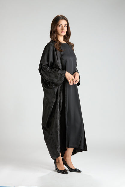 Ayla Black Jacquard 3-Piece Open Abaya with Sheer Overlay